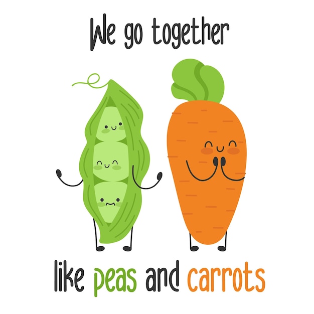 エンドウ豆とニンジンの野菜のキャラクターfriensと愛の概念私たちは団結の友情の引用を一緒に行きます