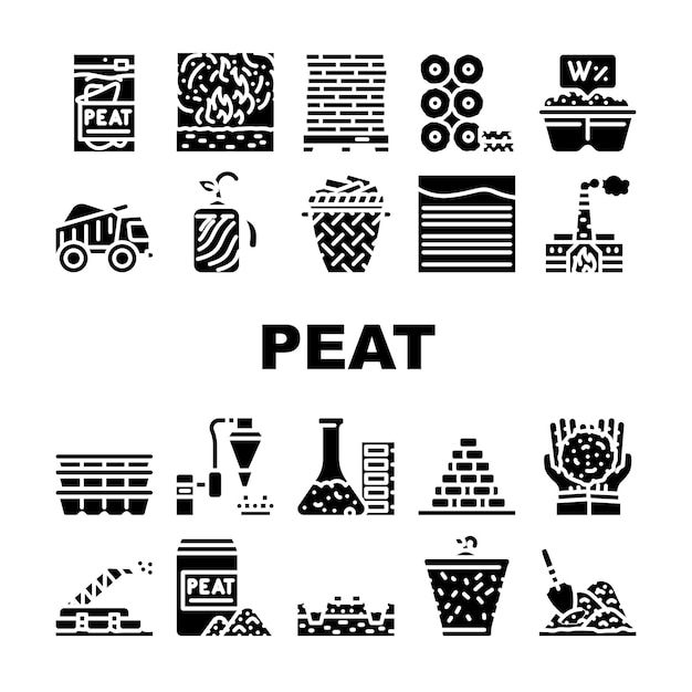 Peat Fuel Production Collection Icons Set Vector Thermal Power Plant And Manufacturing Factory Truck Carrying And Cassette Peat Glyph Pictograms Black Illustrations