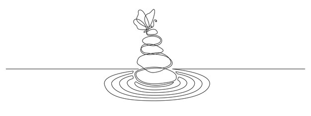 Vettore pietre con farfalla in una linea continua disegno zen bilancio e meditazione anima in semplice stile lineare spa benessere e massaggio salone tratto modificabile illustrazione vettoriale doodle