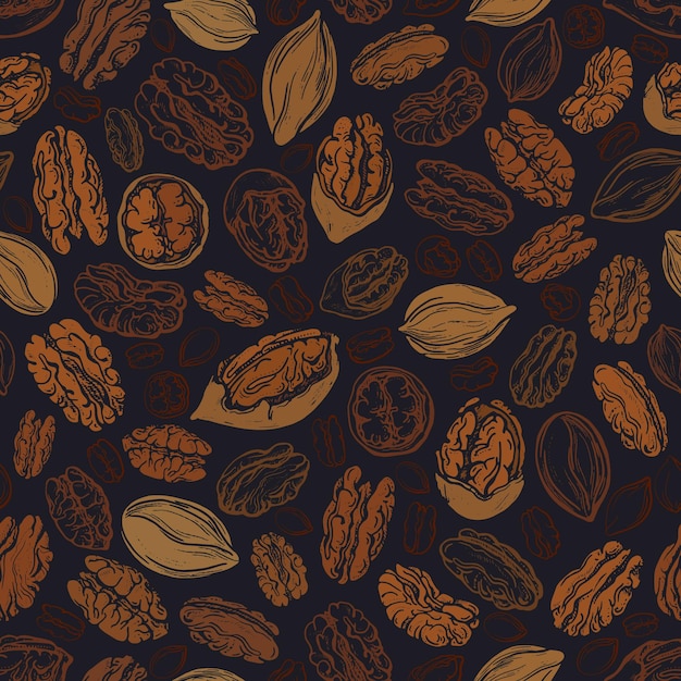 Pecan brown nuts seamless pattern. texture illustration of dry seeds. healthy food