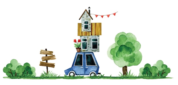 Pecat'horizontal watercolor drawing, border with motorhome, car. theme moving, travel, camping. fun