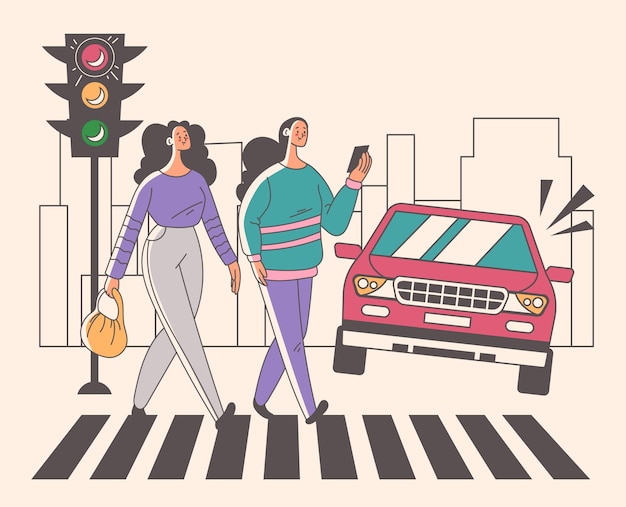 Pedone incidente d'auto pericolo attraversamento pedonale concetto astratto graphic design illustrazione