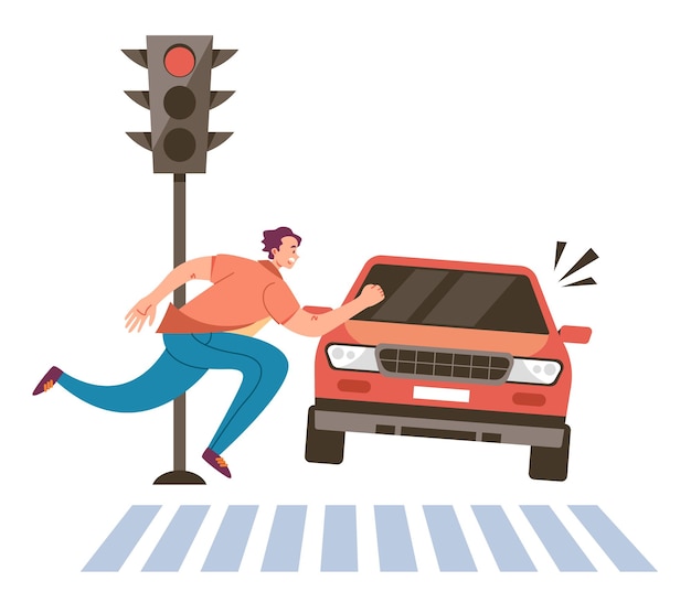 Vector pedestrian run road on red traffic light concept flat graphic design illustration