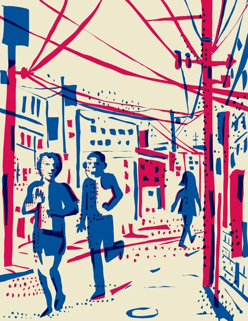 pedestrian stree scene Risograph