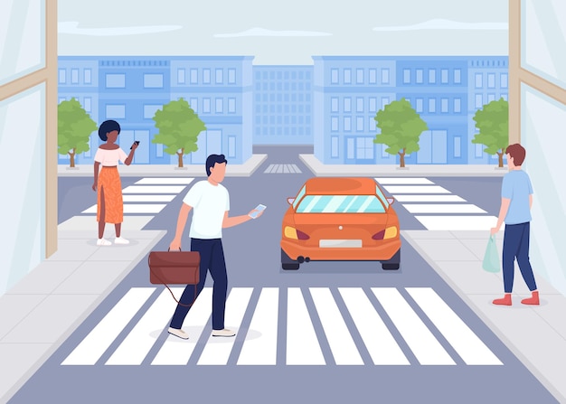 Vector pedestrians on city street flat color vector illustration