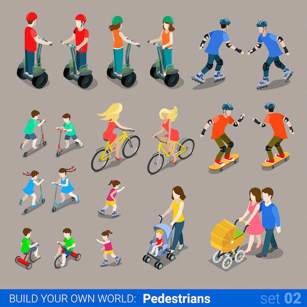 Pedestrians on wheel transport  set segway bicycle pram skateboard scooter rollers.