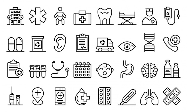 Pediatric clinic icons set, outline style