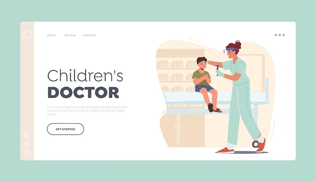 Pediatric clinic landing page template child at doctor appointment in hospital ent examining ears of kid hearing test