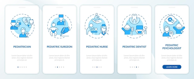 Pediatric department professionals blue onboarding mobile app screen Walkthrough 5 steps editable graphic instructions with linear concepts UI UX GUI template Myriad ProBold Regular fonts used