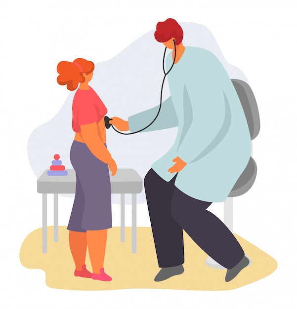 소아과 의사 그림, 아픈 아이와 만화 어머니, 흰색에 고립 된 신체 검사에 어린이 캐릭터