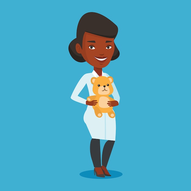 Vector pediatrician doctor holding teddy bear.