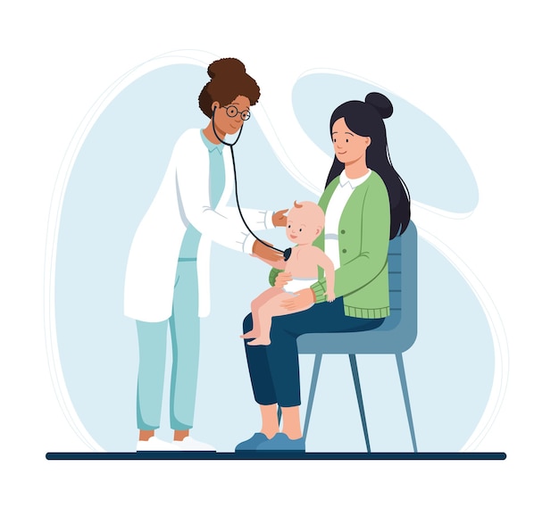 Pediatrician examines baby on a mothers lap
