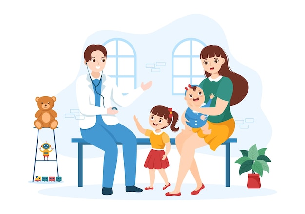 Vector pediatrician examines kids and baby for development and treatment in cartoon hand drawn illustration