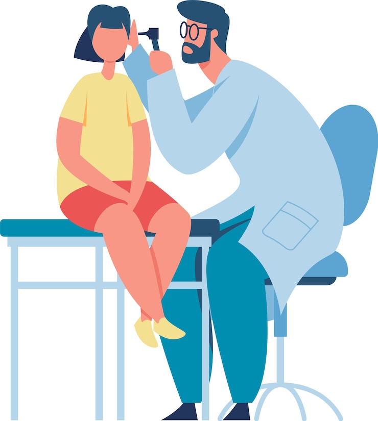 Vector pediatrician using otoscope for ear examination of young patient sitting on examination table during medical consultation in hospital or clinic