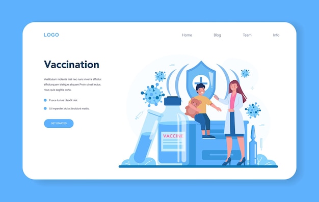 ベクトル 小児科医のwebレイアウトまたはランディングページ。子供のための予防接種。ワクチン注射を受けている少年。病気からの保護のためのワクチン注射のアイデア。