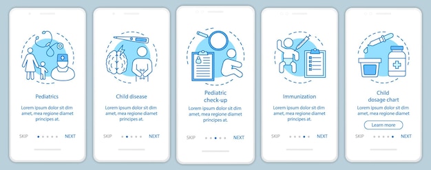 Schermata della pagina dell'app mobile di onboarding della pediatria con concetti lineari. check-up, malattie del bambino, immunizzazione, schema di dosaggio istruzioni grafiche passo passo passo passo. modello vettoriale ux, ui, gui con icone