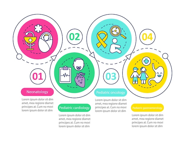 Modello di infografica vettoriale pediatrica. elementi di design di presentazione aziendale. visualizzazione dei dati con quattro passaggi e opzioni. grafico della sequenza temporale del processo. layout del flusso di lavoro con icone lineari