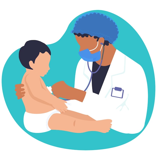 Vector pediatrische arts vrouwelijke luisteren kind hartslag met stethoscoop tijdens check-up kleine patiënt baby kinderarts overleg vector web illustratie geïsoleerd