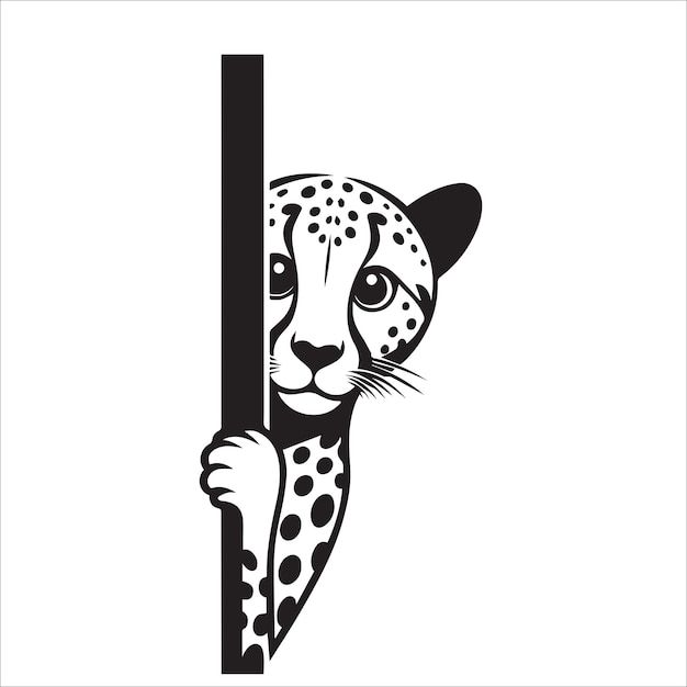 Vector peeking cheetah face illustration in black and white