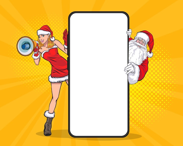 Sbirciare babbo natale con un grande smartphone e una ragazza di babbo natale che tengono il megafono in stile fumetto retrò pop art