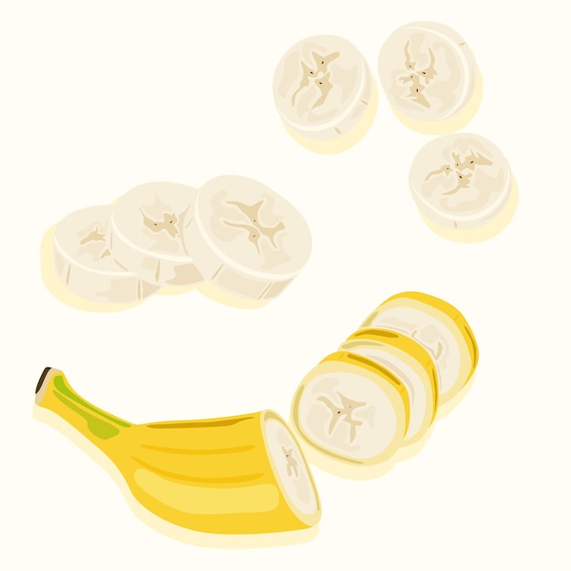 Очищенный и нарезанный банан Свежая еда Здоровая и натуральная пища Фруктовые иконы
