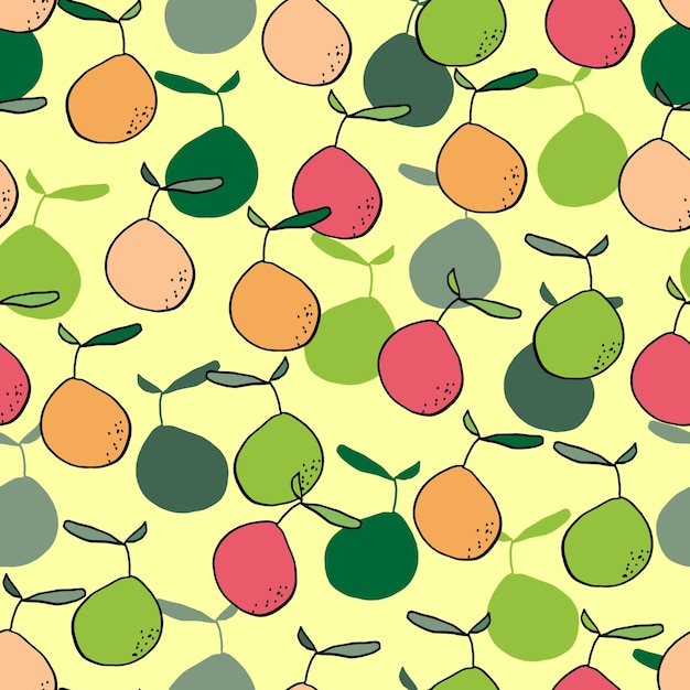 Peer naadloos vectorpatroon Gekleurde peren met silhouetten en schaduwen met bladeren en stippen op een gekleurde achtergrond