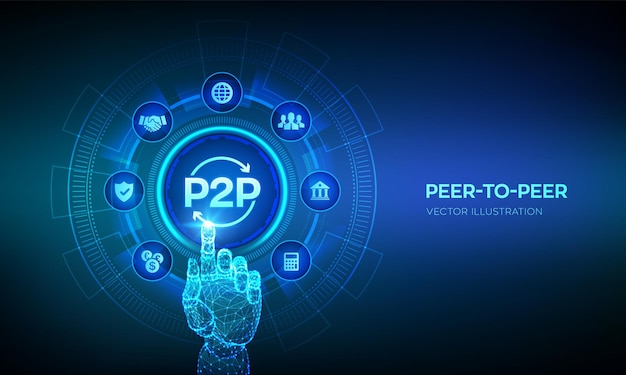 Pagamento p2p peer-to-peer e modello online per supporto o trasferimento di denaro concetto di tecnologia peertopeer su schermo virtuale interfaccia digitale toccante mano robotica illustrazione vettoriale