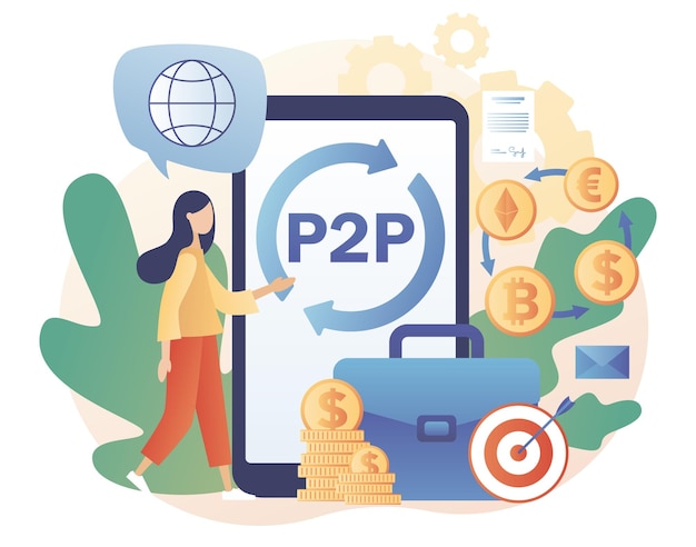 Peer-to-peer trading online. P2P lending. Tiny woman invest e-money. Investment in loan. Deposit