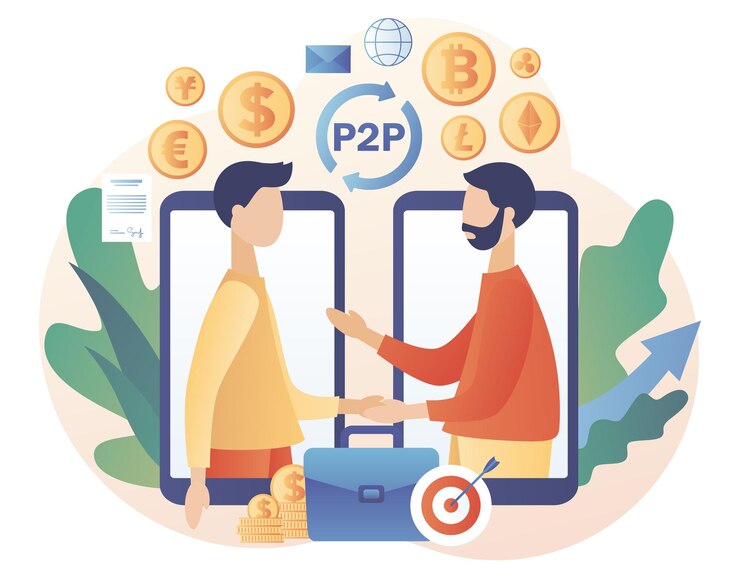 Одноранговая торговля. P2P-кредитование. Крошечные люди заключают депозитный договор. Инвестируйте электронные деньги.