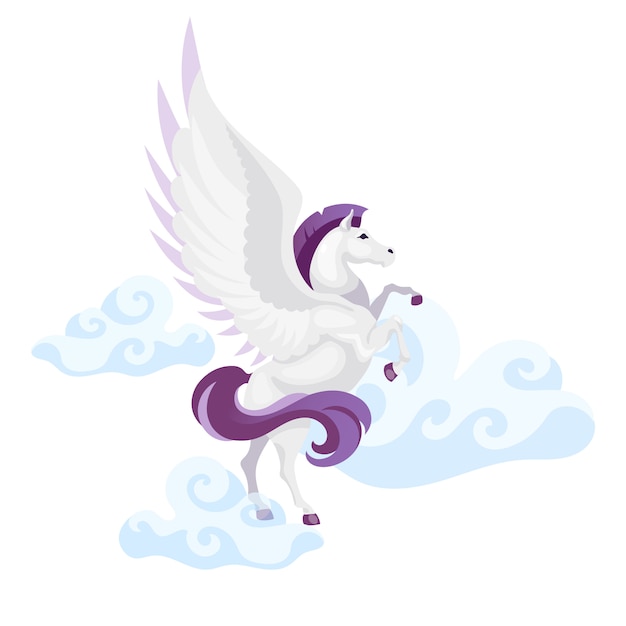 Pegasus flat illustration. mythological creature fly in air. fantastical beast in sky. greek mythology. freedom symbol. horse with wings isolated cartoon character on white background