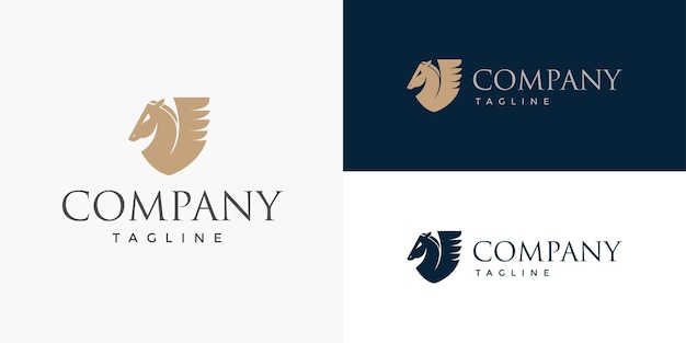 Pegasus Horse Wing Shield Logo Design Vector Template for Brand Business Company