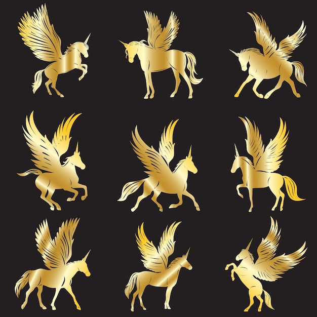 Pegasus met vleugels gouden silhouet set geïsoleerde vector