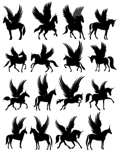 Pegasus set black silhouette isolated vector