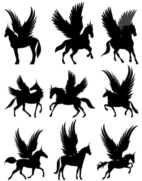 Pegasus set silhouette isolated vector