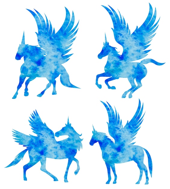 Pegasus set watercolor silhouette isolated vector