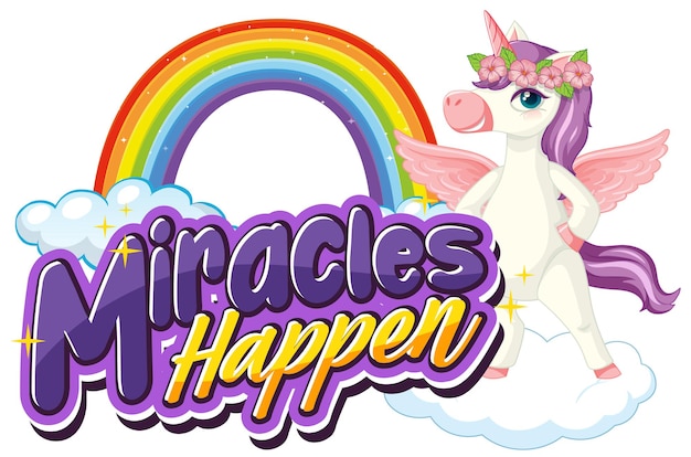 Vector pegasus-stripfiguur met miracles happen-lettertypebanner