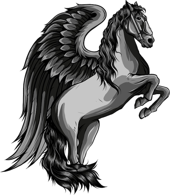 Illustrazione vettoriale pegasus cavallo alato vista laterale design in bianco e nero