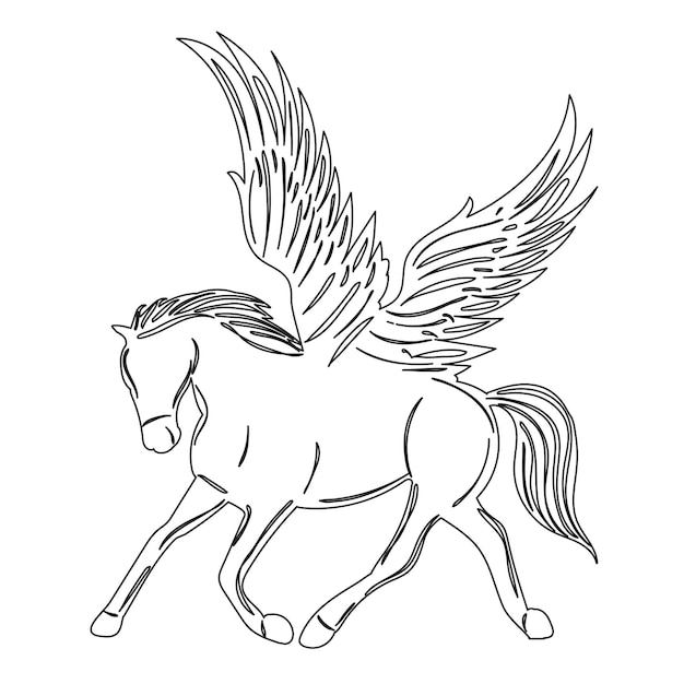 Pegasus with wings outline sketch on white background isolated vector