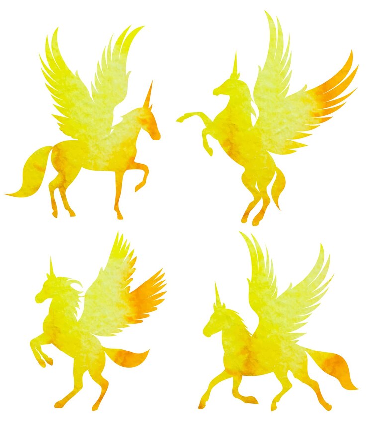 Vector pegasus yellow watercolor silhouette set isolated vector
