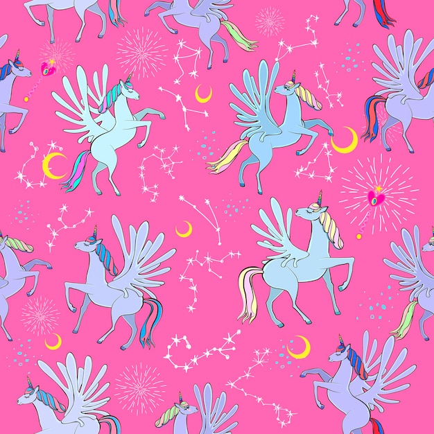 Pegasusunicorns in the sky Mystical seamless pattern Constellations and signs of the zodiac