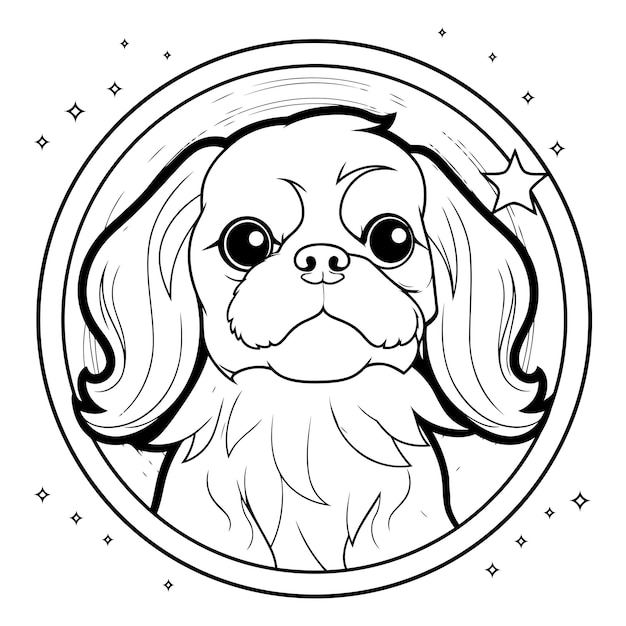 Vector pekingese head in circle for coloring book