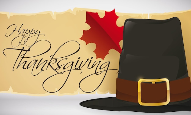 Pelgrimshoed over een boekrol met groet en rood esdoornblad om Canadese Thanksgiving Day te vieren
