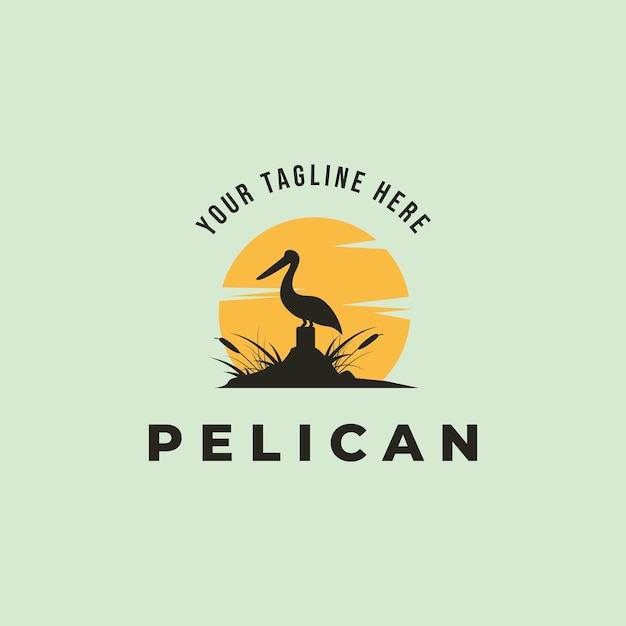 Pelican bird logo vintage con disegno di illustrazione vettoriale sole