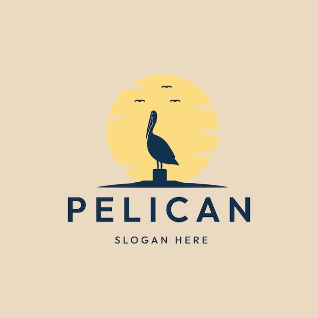 Pelican bird vintage logo and symbol with sun vector illustration design