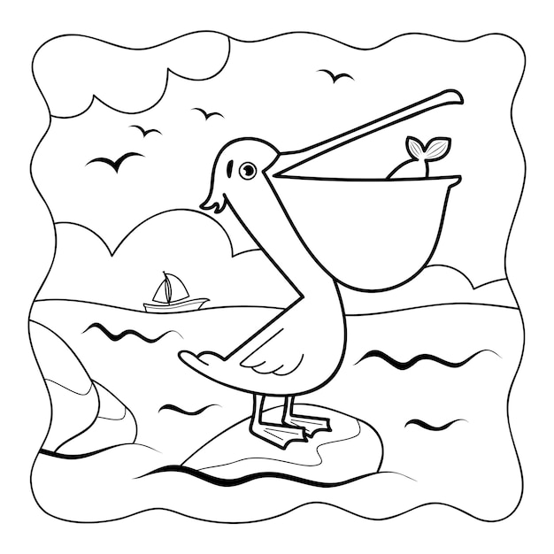 Pelican black and white Coloring book or Coloring page for kids Nature background