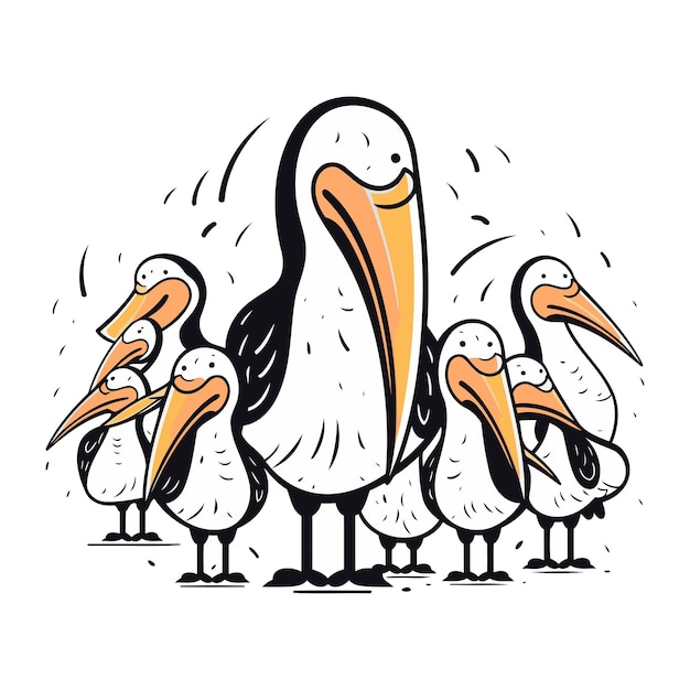 Pelican familie Met de hand getekende vectorillustratie geïsoleerd op witte achtergrond