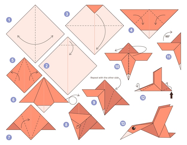 Pelican origami scheme tutorial moving model. Origami for kids. Step by step.