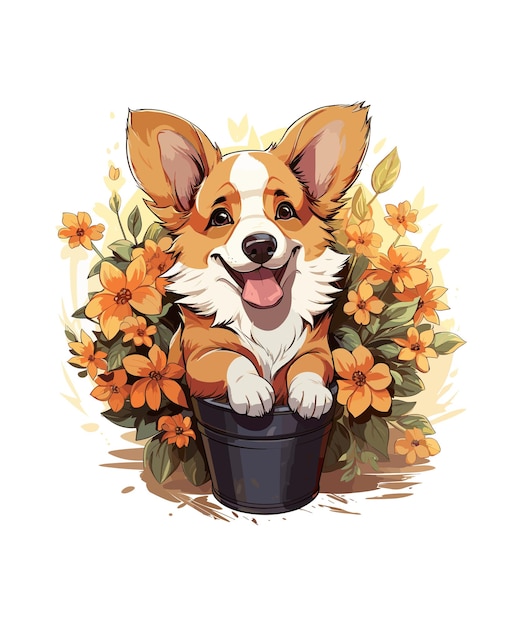 Pembroke Welsh Corgi bloem illustratie