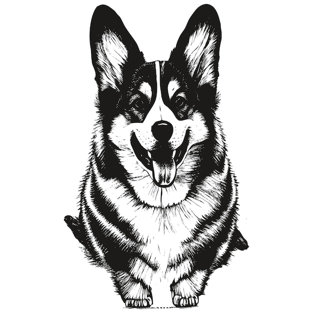 Pembroke Welsh Corgi cartoon gezicht afbeelding handgetekende zwart-wit tekening van hond