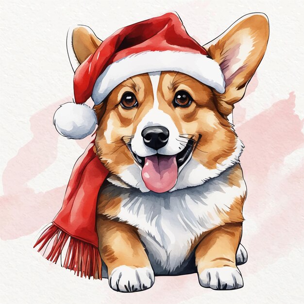 Вектор pembroke welsh corgi рождественская акварель clipart рождественская шляпа собака собака в рождественской шляпе санта